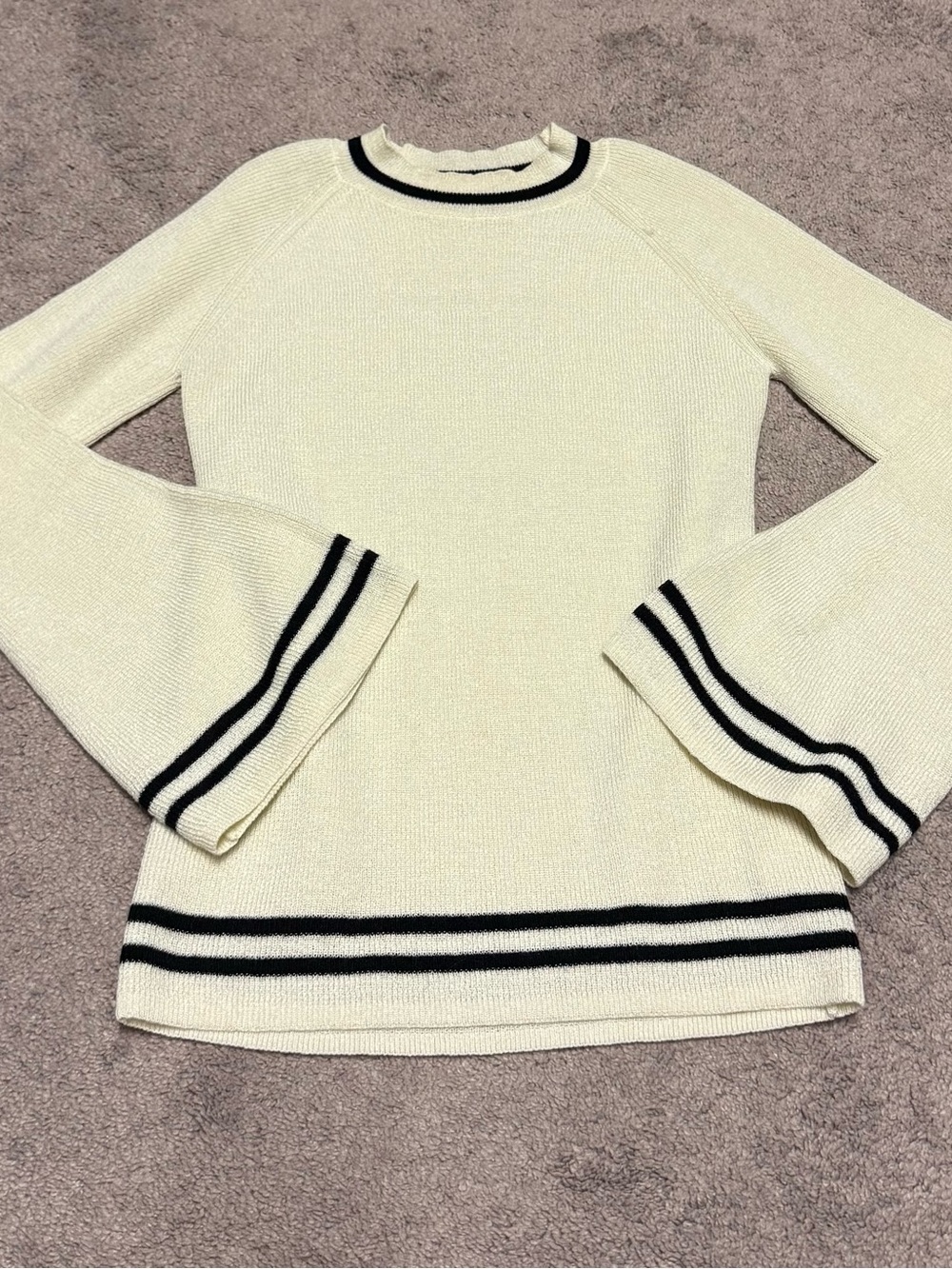 Moussy Cream Knit Bell-Sleeve Sweater with Black Stripe Trim